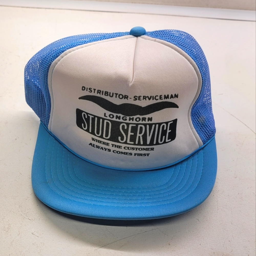 Trucker foam mesh blue snapback hat longhorn stud service funny joke farm